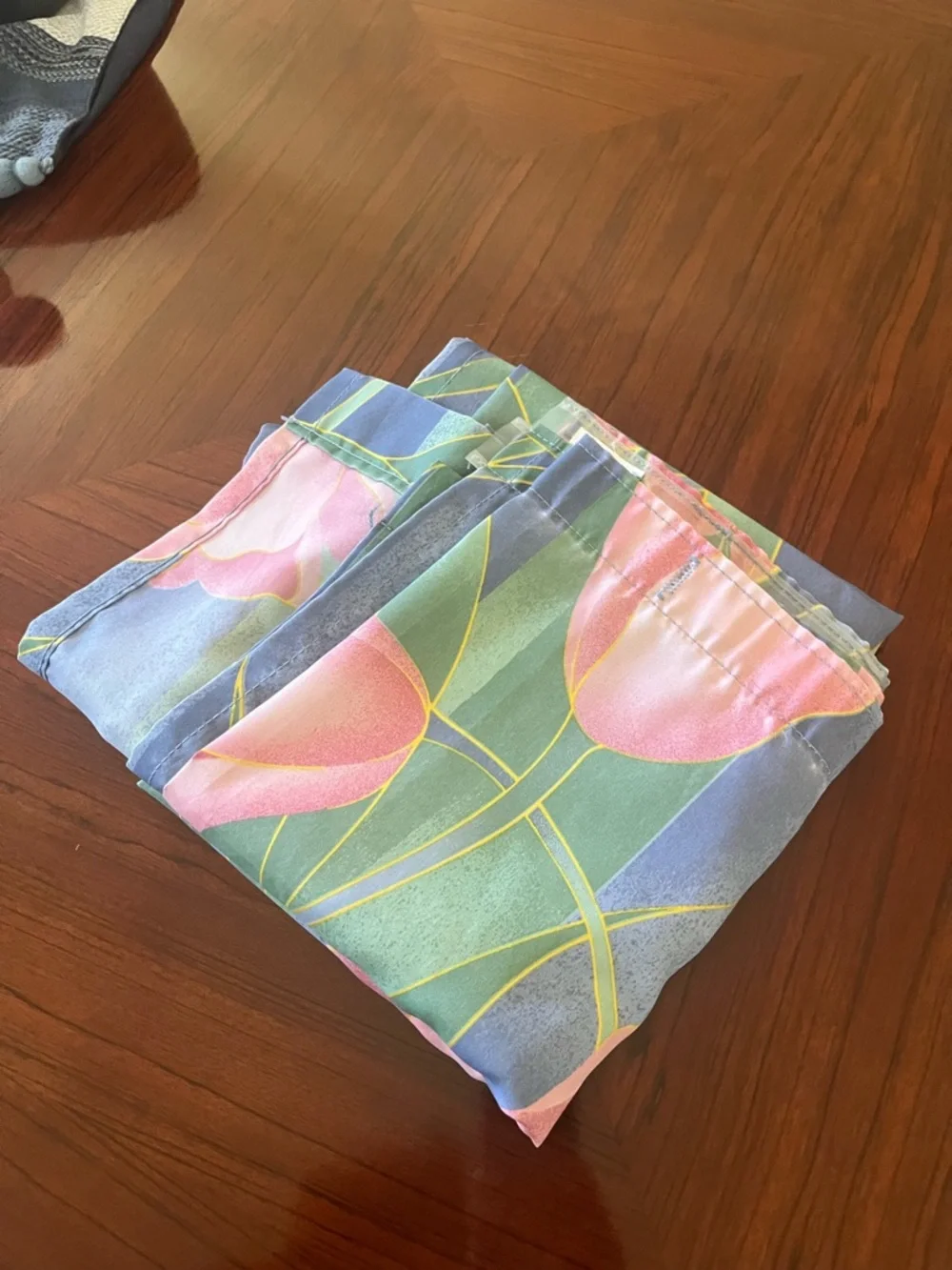 Floral Pink Tulip Shower Curtain Panel - Green & Blue Background